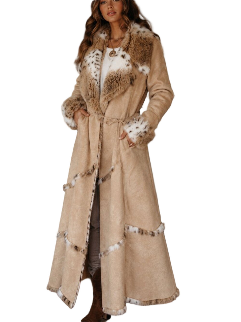 Vintage Faux Fur Trim Full Length Coat Western Boho Mob Wife Tan Beige Medium